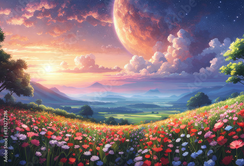 Generative AI, Beautiful Niji Anime cinematic scenery of a beautiful flower field with a beautiful sky, beautiful meteor shower, cool niji anime landscape, stunning blooming Niji Anime flower scenery
