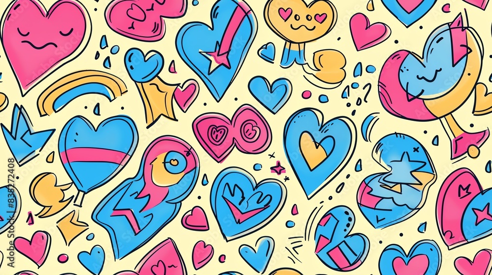 Seamless pattern of hand-drawn Pansexual Pride elements, including flags, interlocking hearts, and love symbols, showcasing a message of acceptance and pride Seamless pattern of hand-drawn Pansexual Pride elements, including flags, interlocking hearts, and love symbols, showcasing a message of acceptance and pride