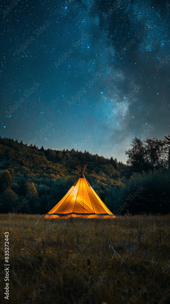 Tent lit up on the field with stars above, photo-realistic landscapes, dark orange and aquamarine. Space for Copy Tent lit up on the field with stars above, photo-realistic landscapes, dark orange and aquamarine. Space for Copy