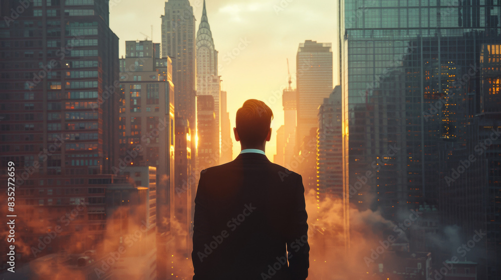 Back view of a sharply dressed businessman standing against the impressive silhouette of towering skyscrapers. Back view of a sharply dressed businessman standing against the impressive silhouette of towering skyscrapers.