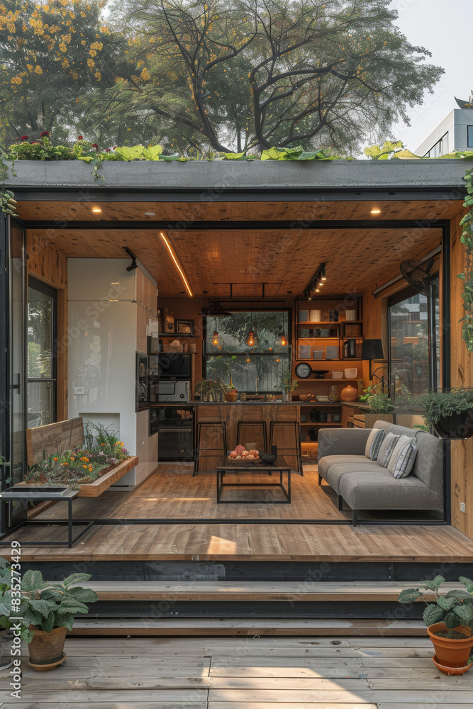 Obraz premium Tiny off grid house for an architectural competition, house is modular and a good solution for small living, eco friendly