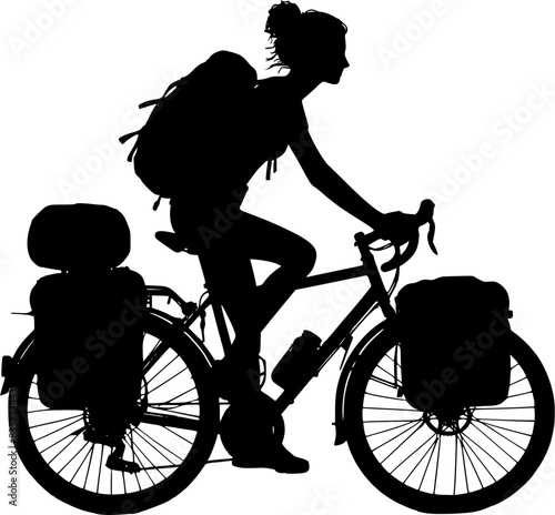 silhouette of a cyclist woman , woman ride mountain bike , woman travelling with bike  