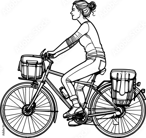 Outline person riding a bike, woman riding touring bicycle 