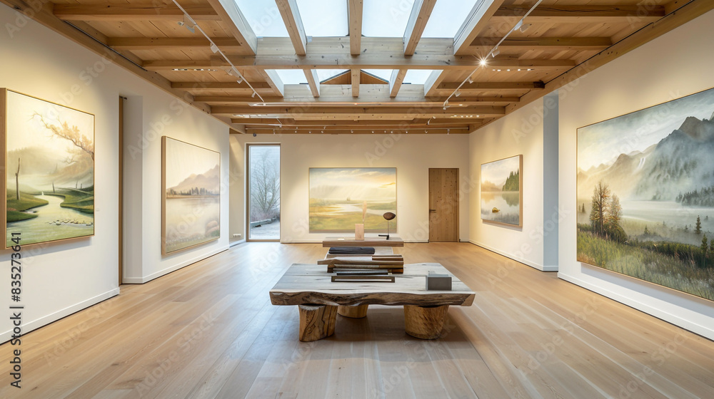 A serene, nature-inspired art gallery showcasing landscape paintings and wooden sculptures under soft, natural light from skylights. A serene, nature-inspired art gallery showcasing landscape paintings and wooden sculptures under soft, natural light from skylights.