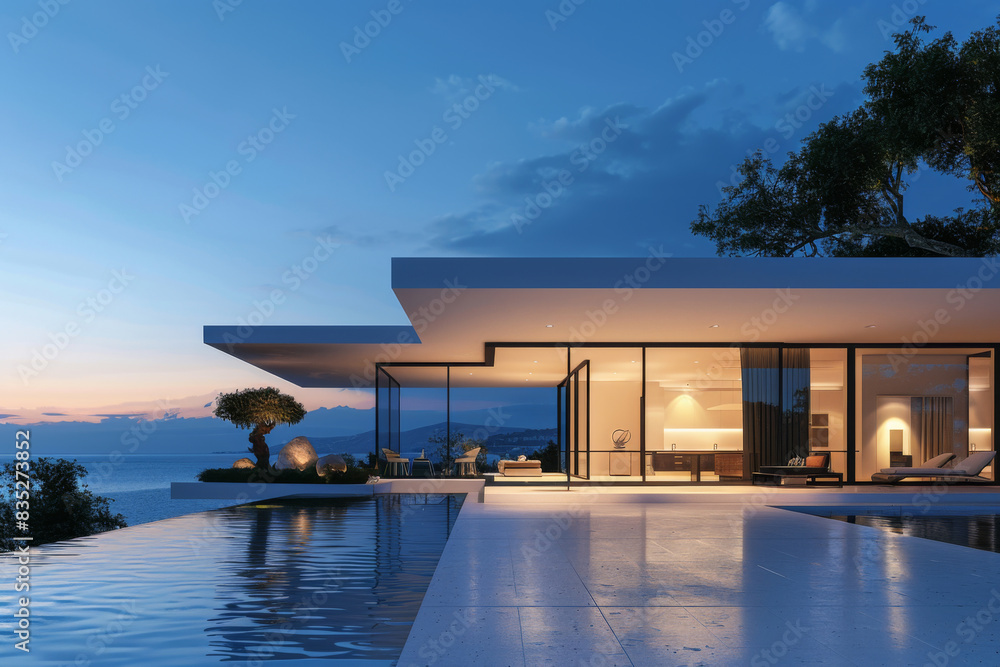 Fototapeta premium Luxury Island Villa With Infinity Pool At Sunset.