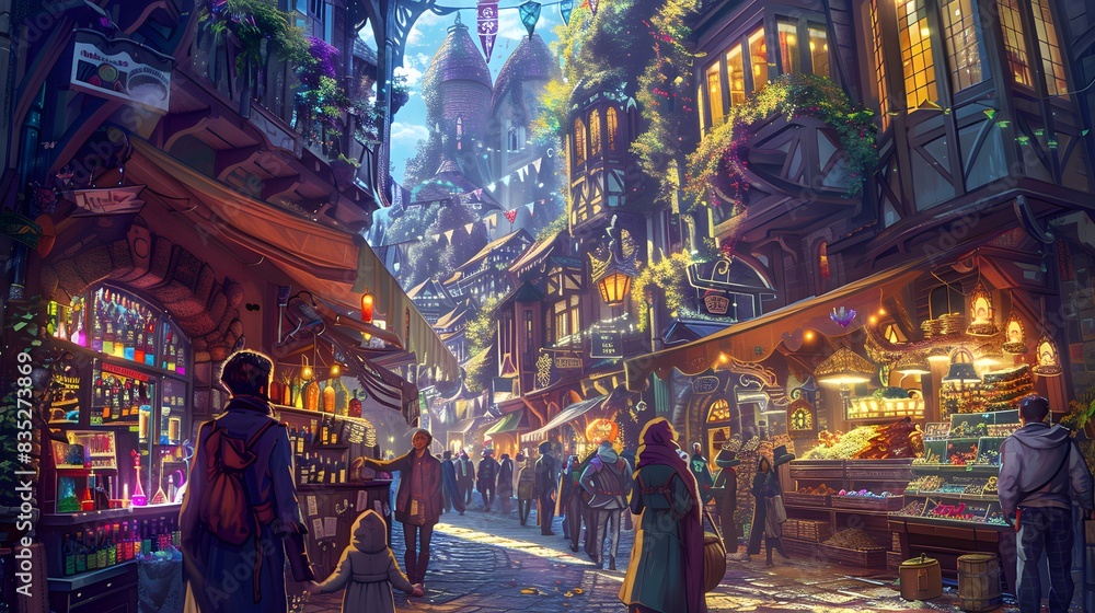 Obraz premium illustration of a bustling market street in a fantasy city. The street is lined with colorful stalls and shops selling magical items like glowing potions, enchanted artifacts, and exotic creatures.