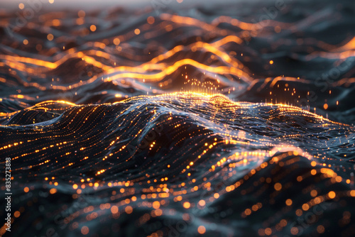 A hyper-detailed, microcosmic view of a silicon surface, with electrons flowing in vivid streams of light across the landscape. 