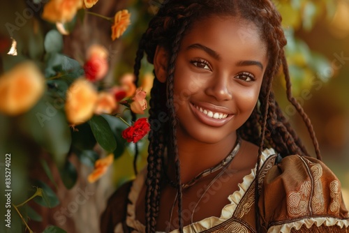 pretty young African girl wearing Medieval attire in flower garden photo