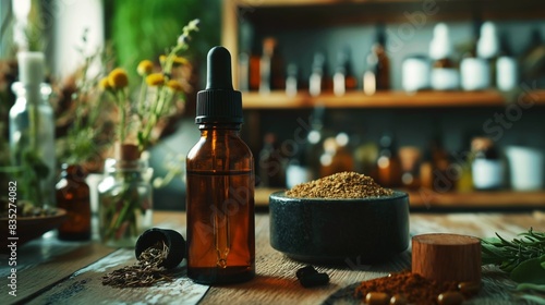 A small amber dropper bottle on a wooden table  surrounded by various herbs  dried plants  and natural powders  indicating a holistic or homeopathic setting.
