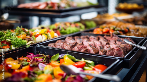 Buffet at a restaurant with delicious colorful meat and vegetable dishes