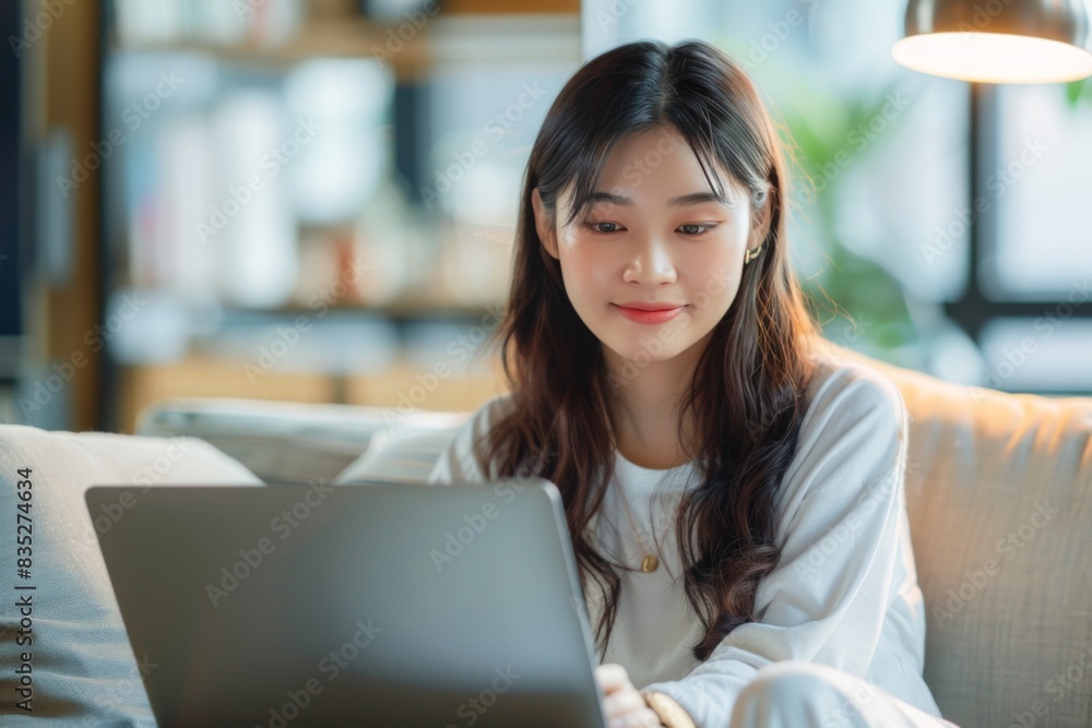 A focused woman is working on a laptop, sitting comfortably at a home interior setting A focused woman is working on a laptop, sitting comfortably at a home interior setting