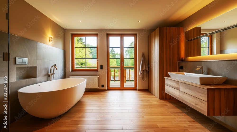 Fototapeta premium A spacious bathroom with a freestanding white bathtub, a large wooden vanity with a rectangular sink, big windows letting in natural light, and wooden flooring.