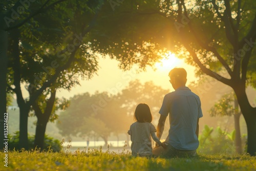 A serene scene of a father and child sitting in a lush park during a golden sunset  conveying family bonding