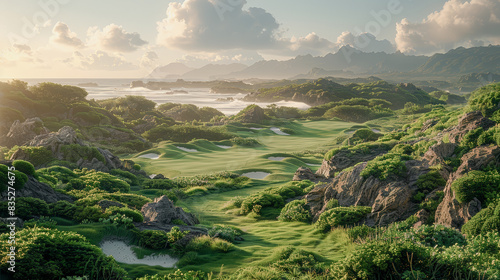 Unusually Spectacular Cliffside Golf Course Unique Landscape with Stunning Ocean Views and Dramatic Rock Formations in the Background Wallpaper Digital Art Poster Brainstorming Map Magazine Background
