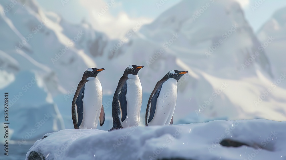 Fototapeta premium Amazing Panoramic view of three penguins on the stones in Antarctica