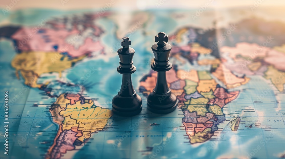Two black chess pieces, a king and queen, stand on a colorful world map, symbolizing global strategy and international influence. Two black chess pieces, a king and queen, stand on a colorful world map, symbolizing global strategy and international influence.