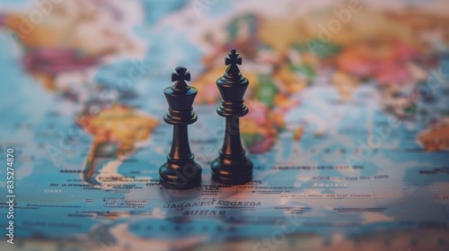 Two black chess king pieces placed on a world map, symbolizing global strategy and international planning.