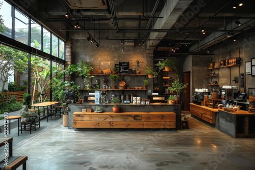 Cozy and stylish coffee shop interior filled with plants and wooden furniture