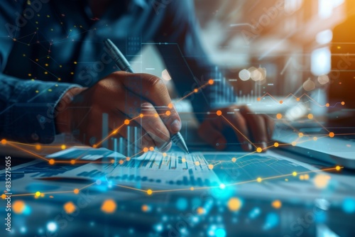 A person analyzes financial charts with glowing digital data overlays, indicative of futuristic technology in business