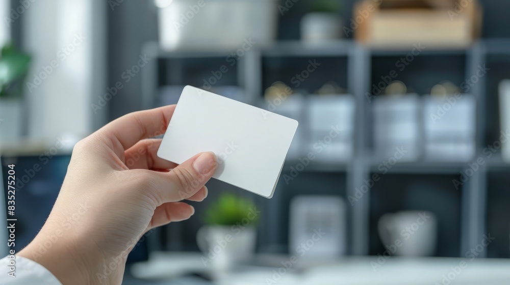 Business Cards in Hand Against Office Background with Computer Monitor and Shelves - Close-Up Shot Business Cards in Hand Against Office Background with Computer Monitor and Shelves - Close-Up Shot