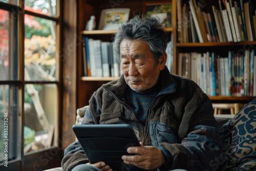 Handsome Asian man using digital tablet sitting on sofa at home. ai generated