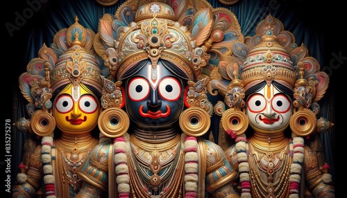 hindu god jagannatha three ornately decorated statues representing deities temple with large circular eyes intricate headpieces