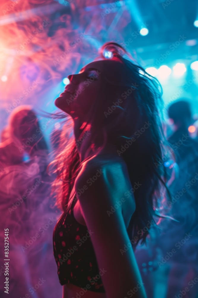 An energetic woman dancing, her figure accentuated by vibrant club lighting and a dynamic atmosphere An energetic woman dancing, her figure accentuated by vibrant club lighting and a dynamic atmosphere