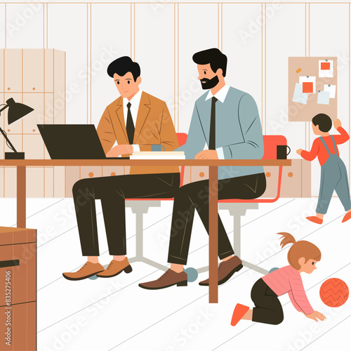 Vector Illustration of two Fathers at work and taking their children for a playdate at the office