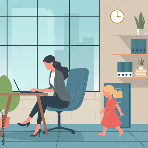 Vector Illustration of a Mother working from office and taking care of her child