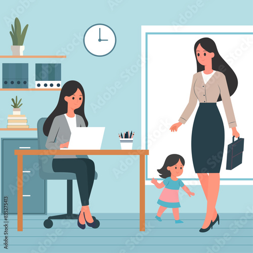 Vector Illustration of a Mother working from office and taking care of her child