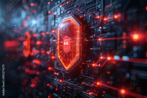 Futuristic digital cybersecurity concept with glowing red shield symbol on a complex electronic circuit background. High tech and innovation. photo