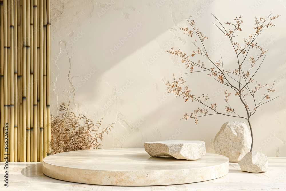 Rock podium, Minimalist beige podium background for presentation product, Japanese style Rock podium, Minimalist beige podium background for presentation product, Japanese style