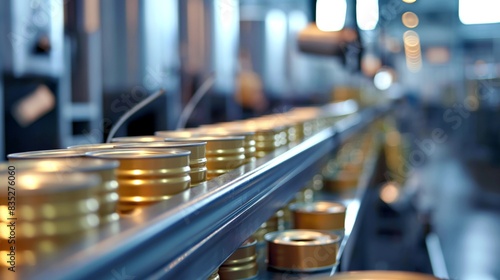 Close-up of metal cans on a conveyor belt in a factory setting  highlighting automated production and packaging processes.