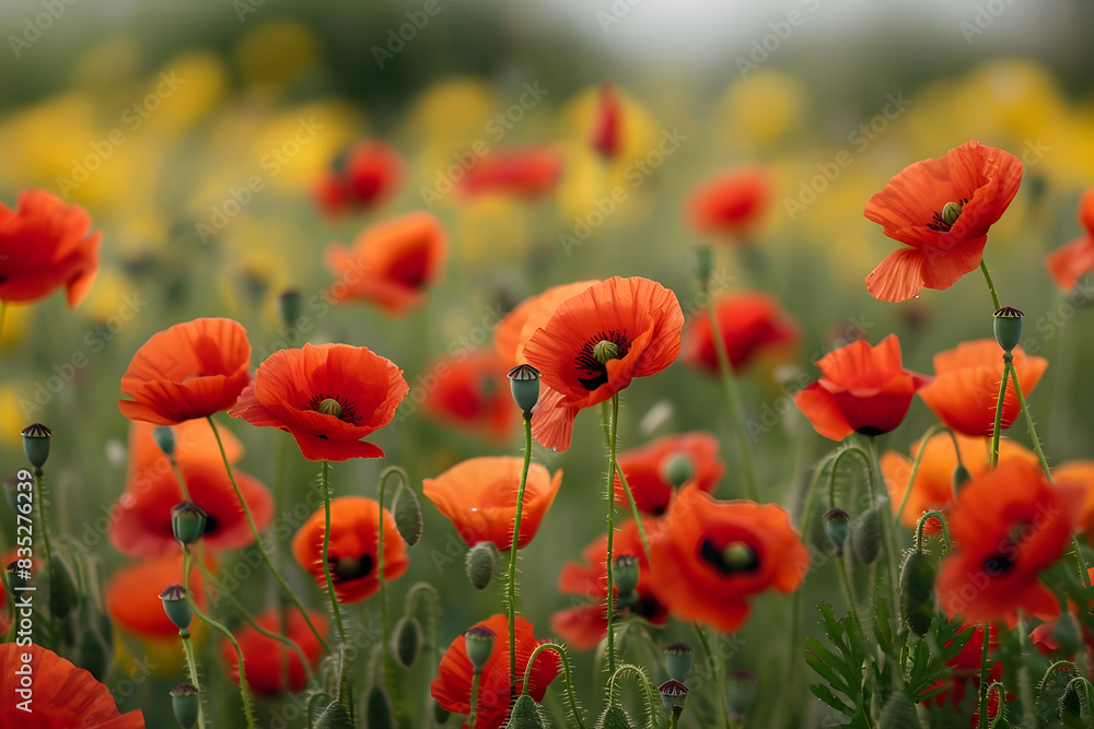 Fototapeta premium Vibrant red poppies bloom in a beautiful countryside landscape, creating a scenic and peaceful atmosphere. Suitable for nature, landscape, and floral themes.