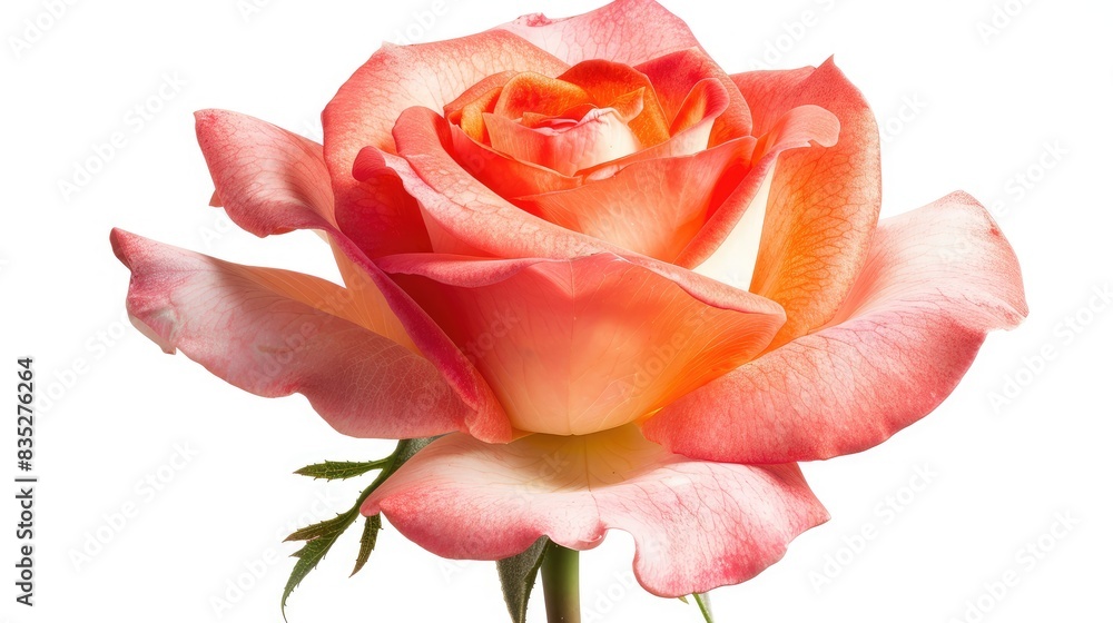 A single, vibrant coral rose in full bloom, with its striking color highlighted against a white background