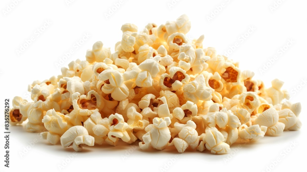 A pile of fresh, buttery popcorn on a white background, showing texture and detail of each kernel. A pile of fresh, buttery popcorn on a white background, showing texture and detail of each kernel.