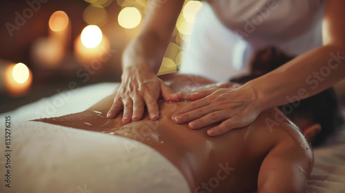 hands of a masseur massaging woman's back in a spa salon, Thai, beauty, massage, candles, wellness, lifestyle, photo, girl lying, oil, cosmetics, masseuse, therapist, health, osteopath, physiotherapy