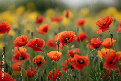 Vibrant red poppies bloom in a beautiful countryside landscape, creating a scenic and peaceful atmosphere. Suitable for nature, landscape, and floral themes.