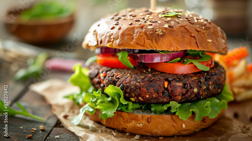 vegetarian hamburger with a black bean patty photo