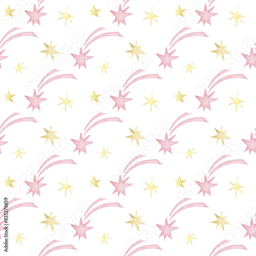 Starry sky.Watercolor hand painted seamless pattern for  baby girl.