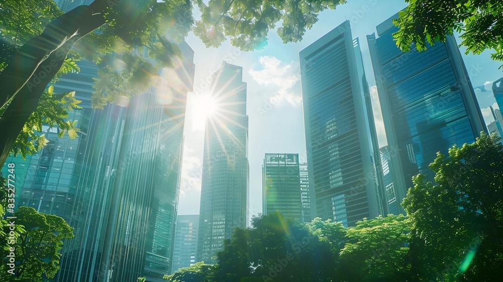 city skyline with lots of green enviroment. Clear sky, sun, with light ...