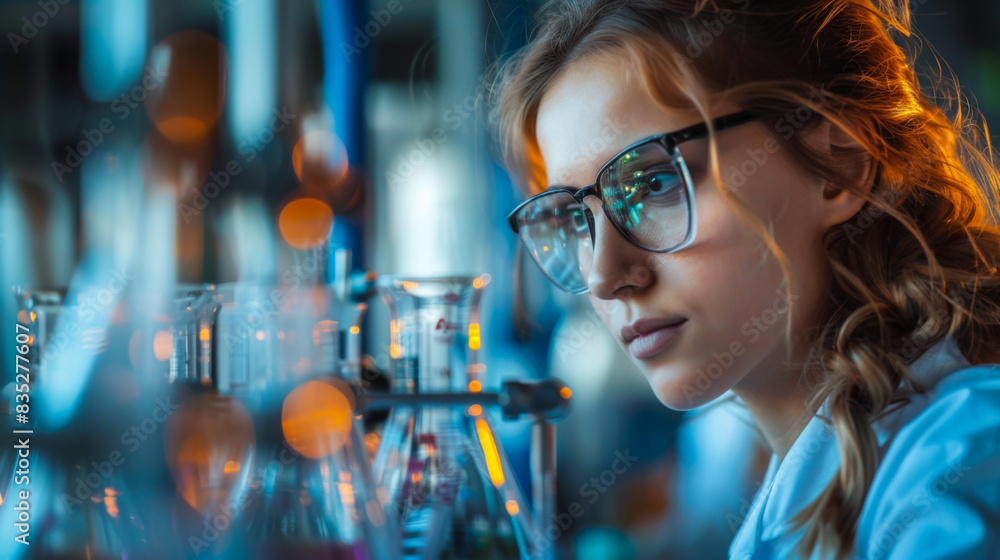 Portrait of a young woman working in a laboratory with test tubes. A beautiful female employee conducts laboratory experiments, chemical fields. Concept of science, experiments. Portrait of a young woman working in a laboratory with test tubes. A beautiful female employee conducts laboratory experiments, chemical fields. Concept of science, experiments.
