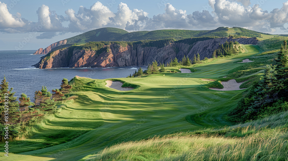 Obraz premium Unusually Spectacular Cliffside Golf Course Unique Landscape with Stunning Ocean Views and Dramatic Rock Formations in the Background Wallpaper Digital Art Poster Brainstorming Map Magazine Background