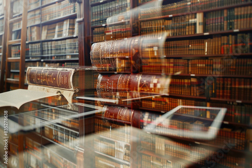 Double exposure of a library's ancient books and scrolls, transitioning into digital tablets and e-readers displaying  photo