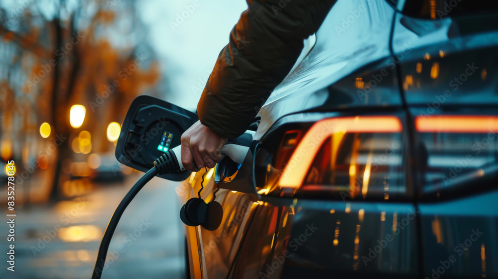 Close-up of a man charging an electric car. The process of charging a modern car with alternative energy. Technology and ecology concept. Close-up of a man charging an electric car. The process of charging a modern car with alternative energy. Technology and ecology concept.