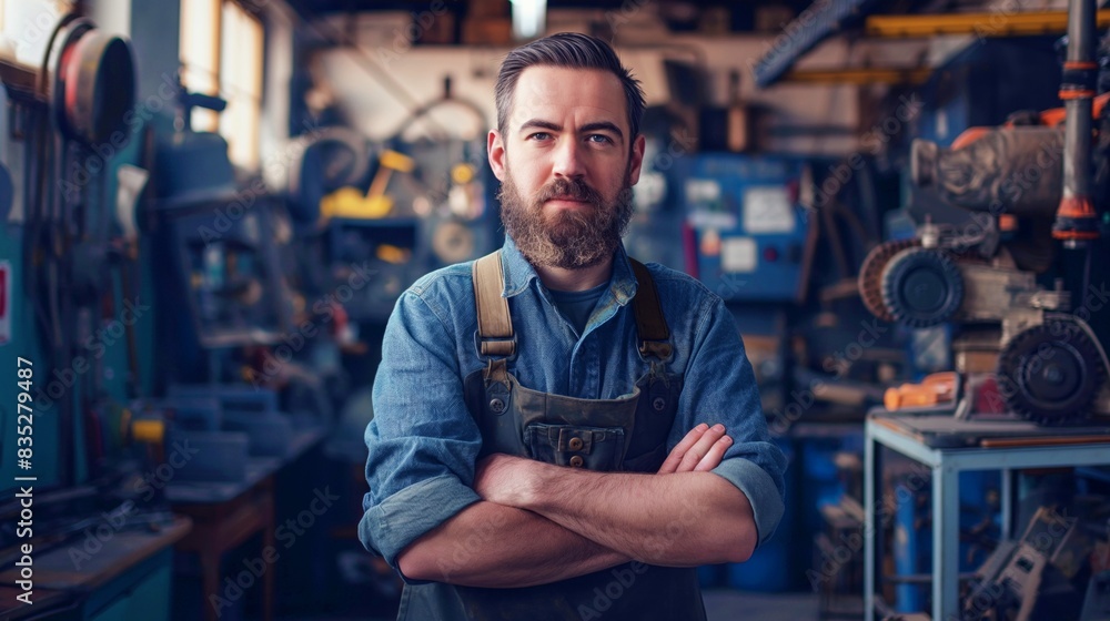 Fototapeta premium Confident craftsman with a beard standing in a workshop wearing a denim shirt and apron, surrounded by tools and machinery.