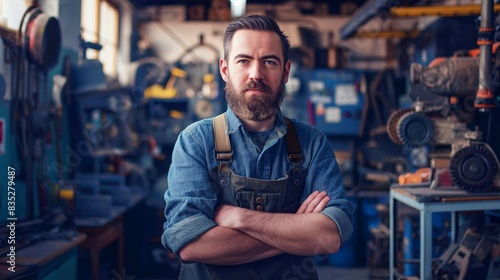 Confident craftsman with a beard standing in a workshop wearing a denim shirt and apron, surrounded by tools and machinery. photo