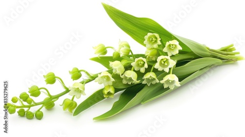 A vibrant green stem of lily of the valley flowers, highlighted against a simple white background photo