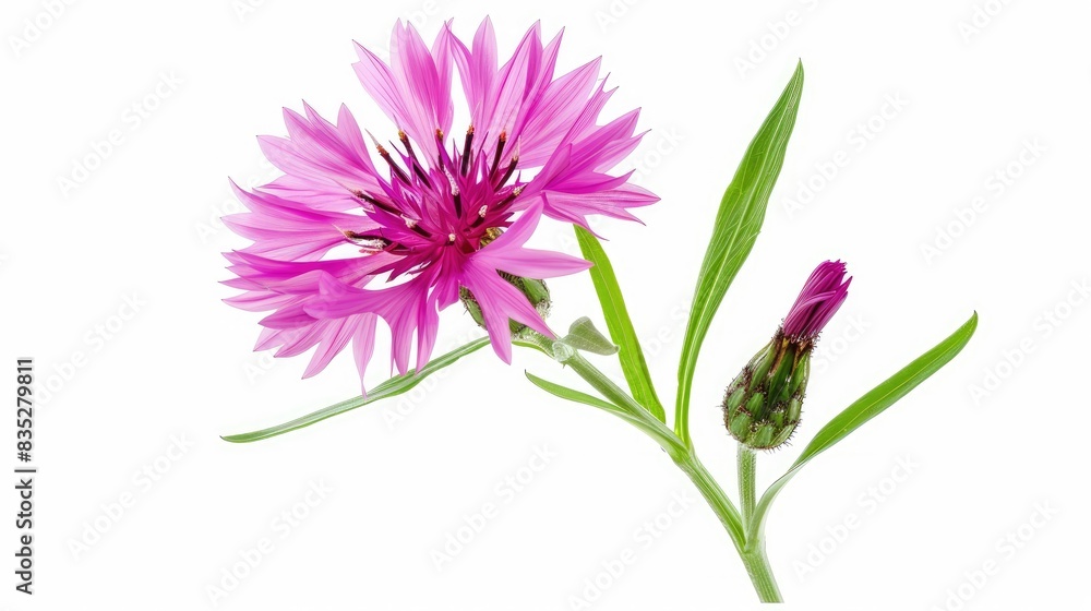 A vibrant pink cornflower with a green stem and leaves, sharply contrasting with a white background A vibrant pink cornflower with a green stem and leaves, sharply contrasting with a white background