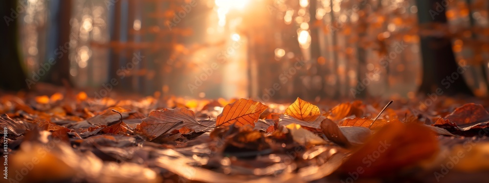 Autumn forest fallen maple leaves on ground, background wallpaper Autumn forest fallen maple leaves on ground, background wallpaper